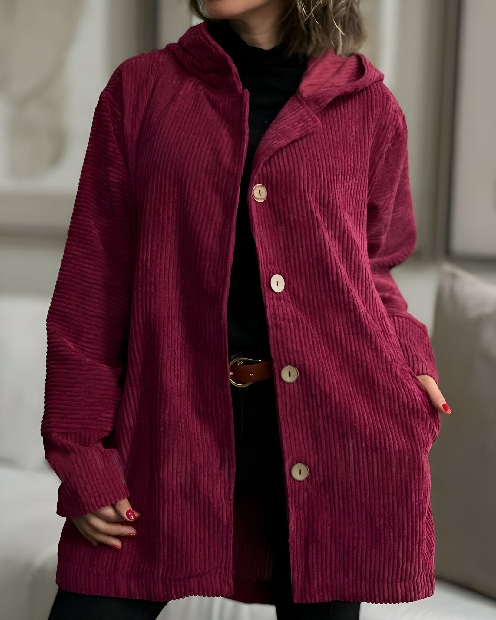 Anika | Casual Ribfluwelen Jasje met Capuchon